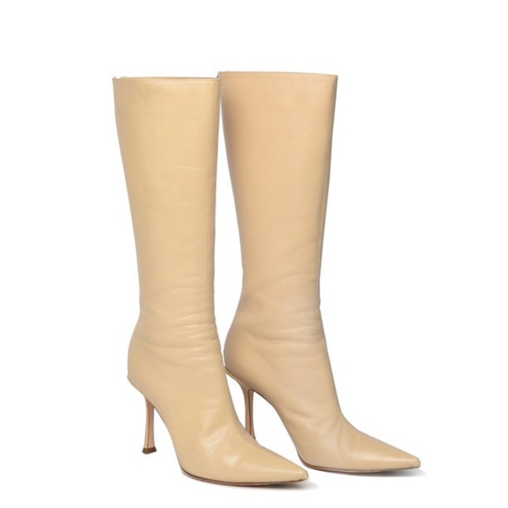Jimmy Choo Cream Pointed Knee High Heeled Boots